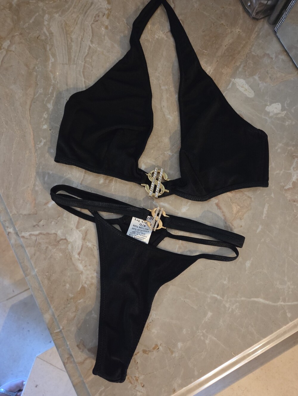 VINTAGE Y2K Leg Avenue Rhinestone Gold Dollar Sign Bikini Set Lingerie O/S NWOT